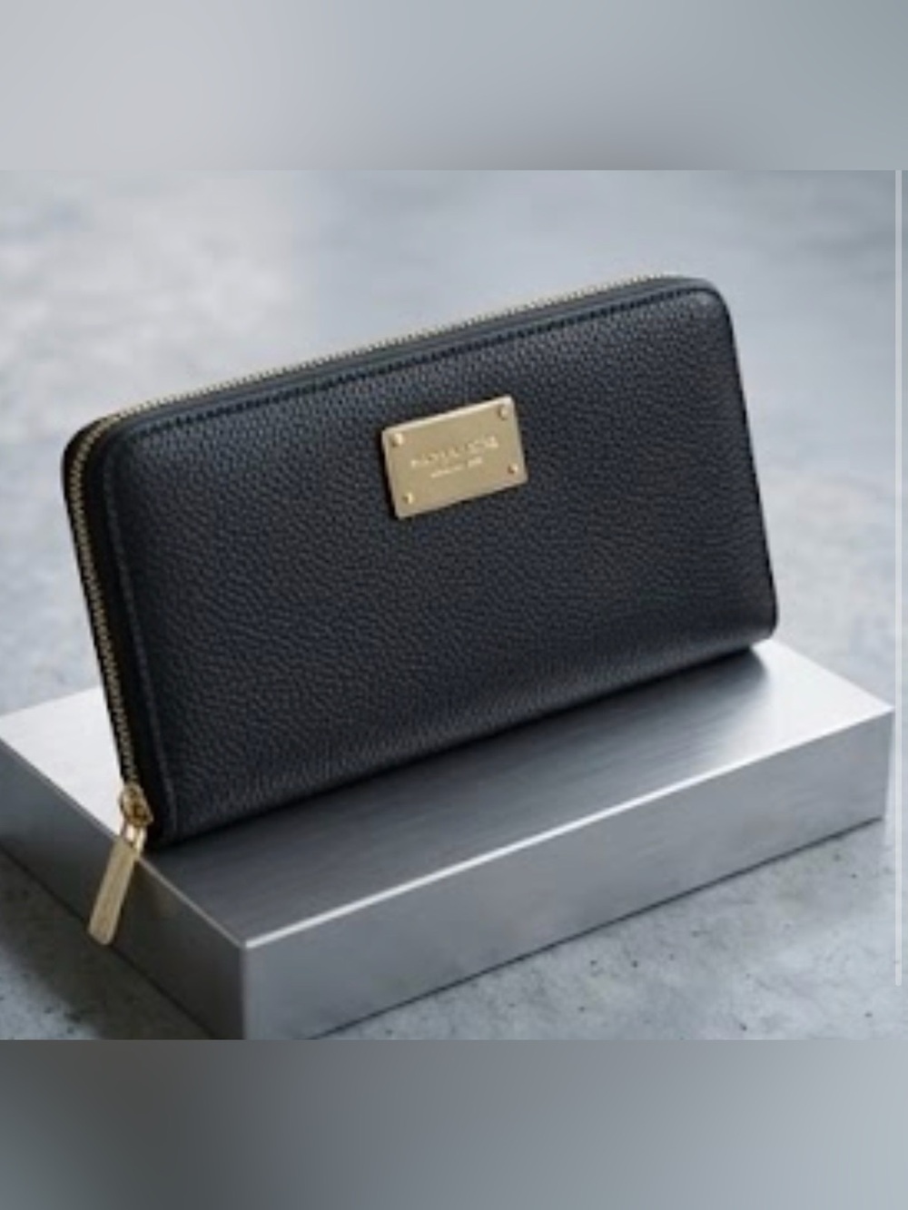Michael Kors Black Pebbled Leather Zip-Around Wallet with Gold Plaque